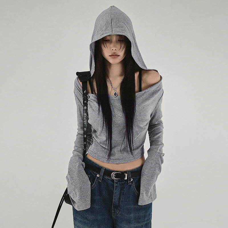 Off-Shoulder Hooded Crop Top mry001664