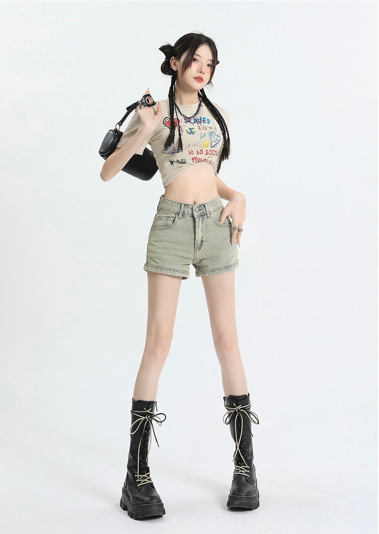 Zippered Back-Pocket Denim Shorts mry001748