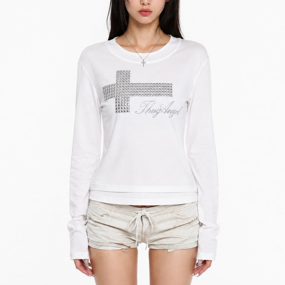 【新作】ラインストーンクロス フィットTシャツ mry002676