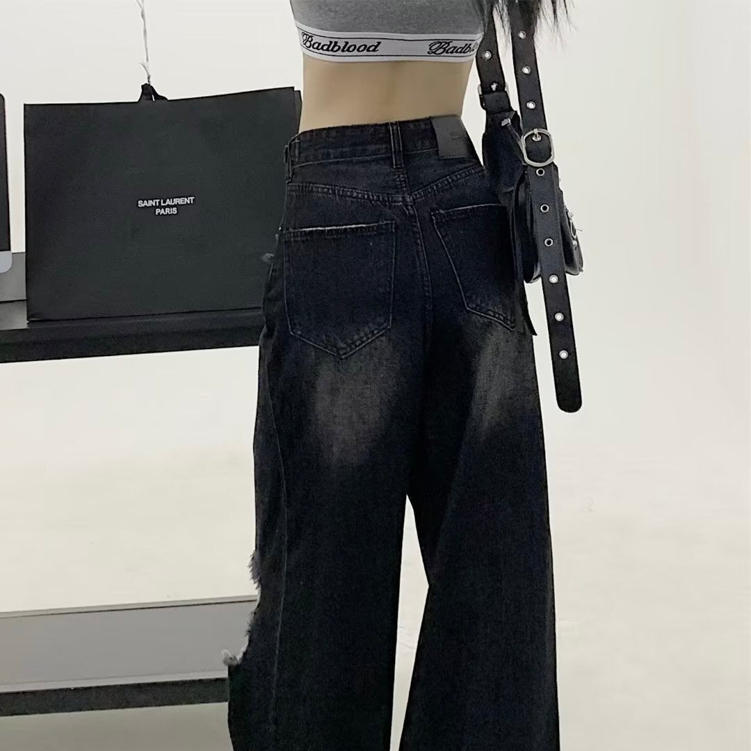 【送料無料】2023SS アッシュ ワイド ビンテージ ストレート ハイウエスト デニムパンツ ユニセックス 韓国ストリート 韓国カジュアル　mry000876