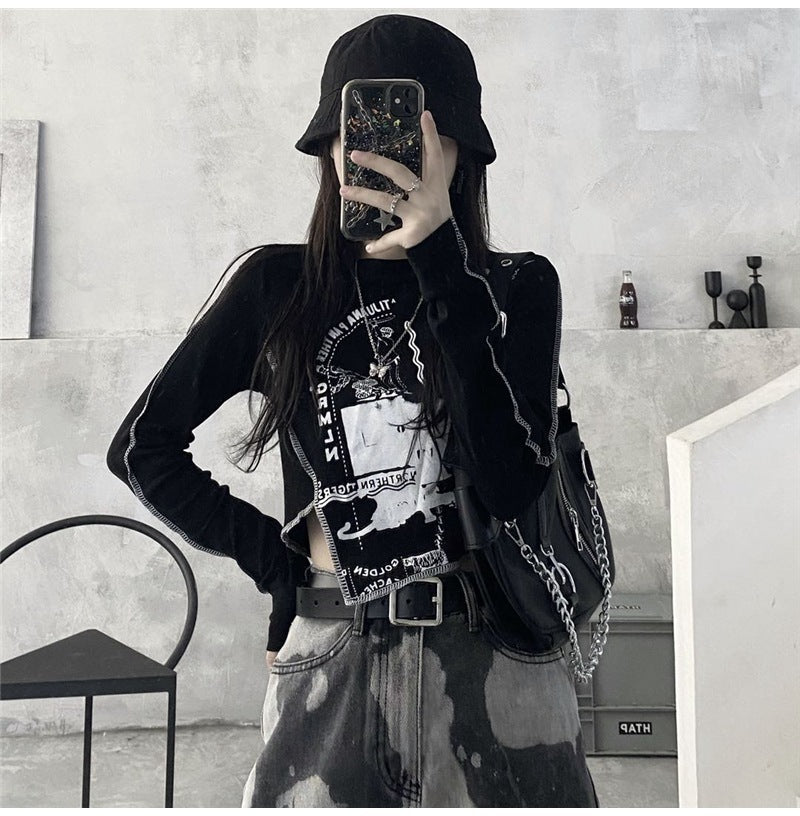 2カラー展開 韓国ストリート ダークホット 長袖Tシャツ ロンT   mry000658