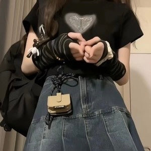 2023SS アームカバー付き クロップド丈 ハート プリント 半袖 Tシャツ 韓国ストリート韓国カジュアル　mry000852