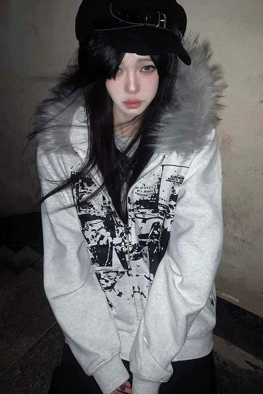 Fur Hood Graphic Zip Hoodie mry002176