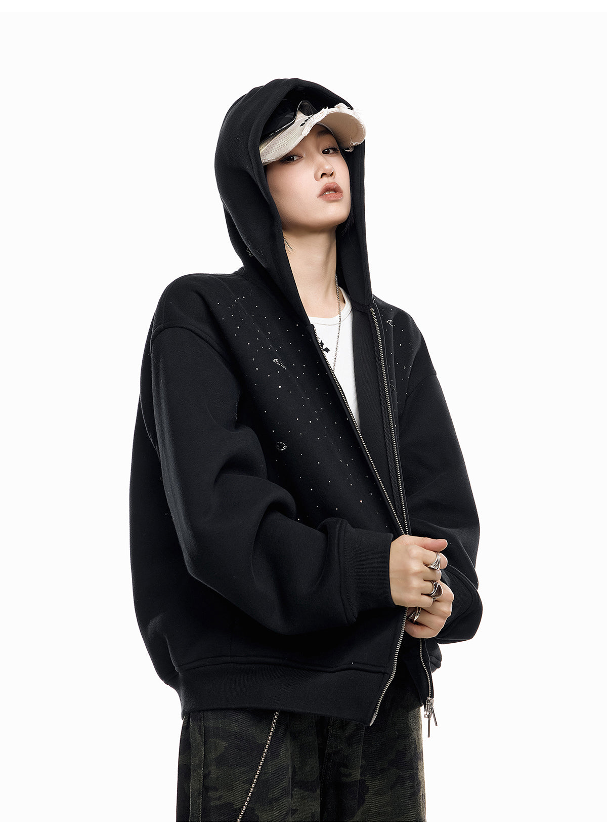 【評価★4.8以上／高品質】Rhinestone Embellished Oversized Zip Hoodie mry001898