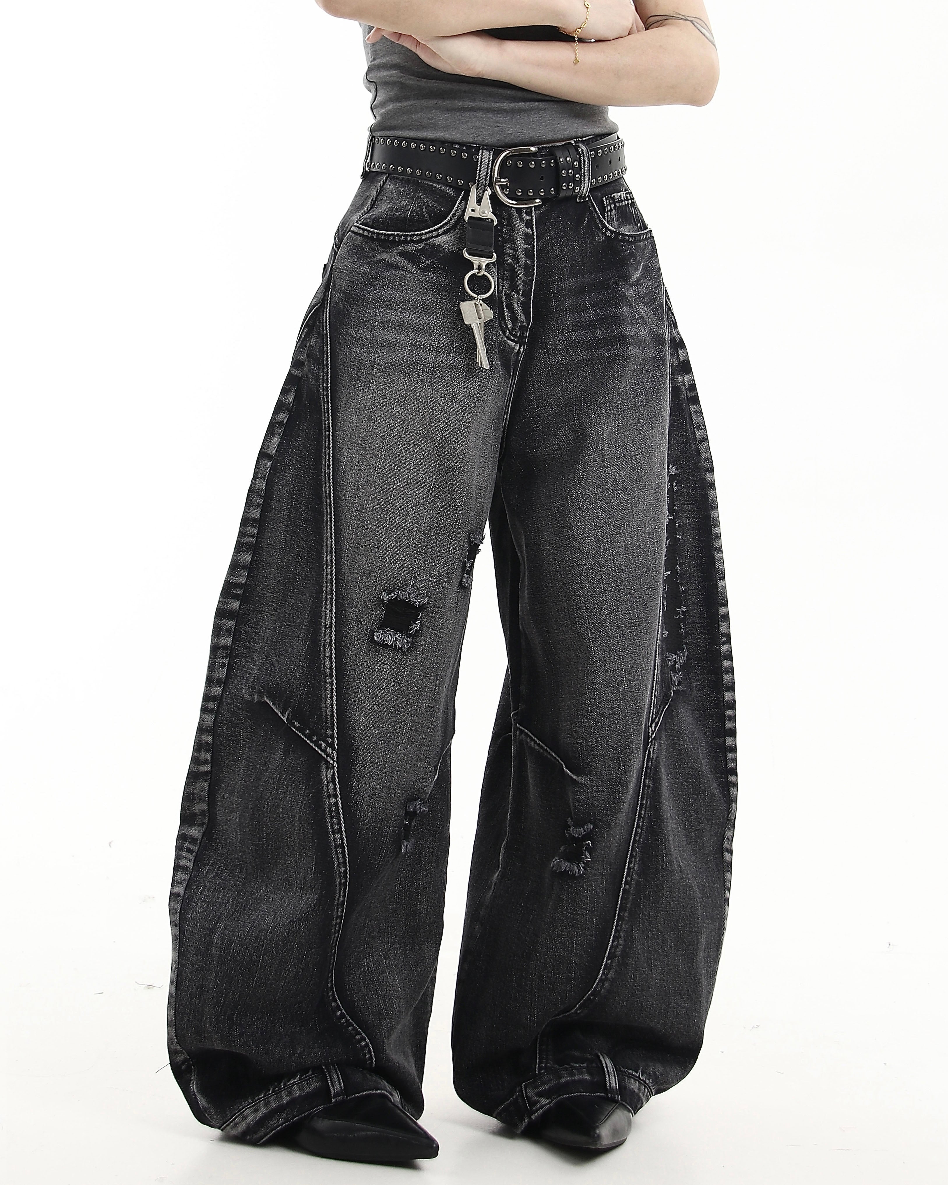 【COVER:FIT】 Vintage Washed Distressed Wide-Leg Denim Pants mry001868
