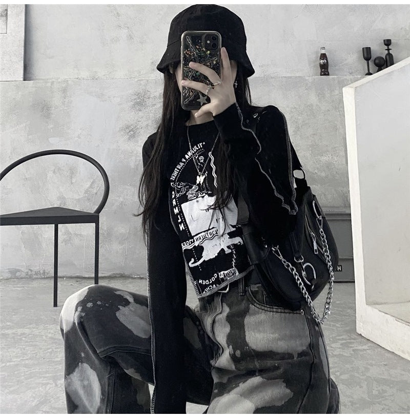 2カラー展開 韓国ストリート ダークホット 長袖Tシャツ ロンT   mry000658