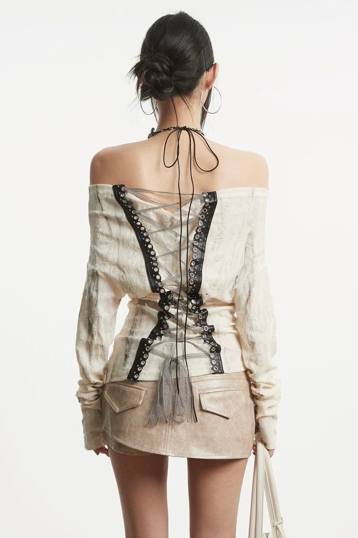 Lace-Up Off-Shoulder Top mry0022569