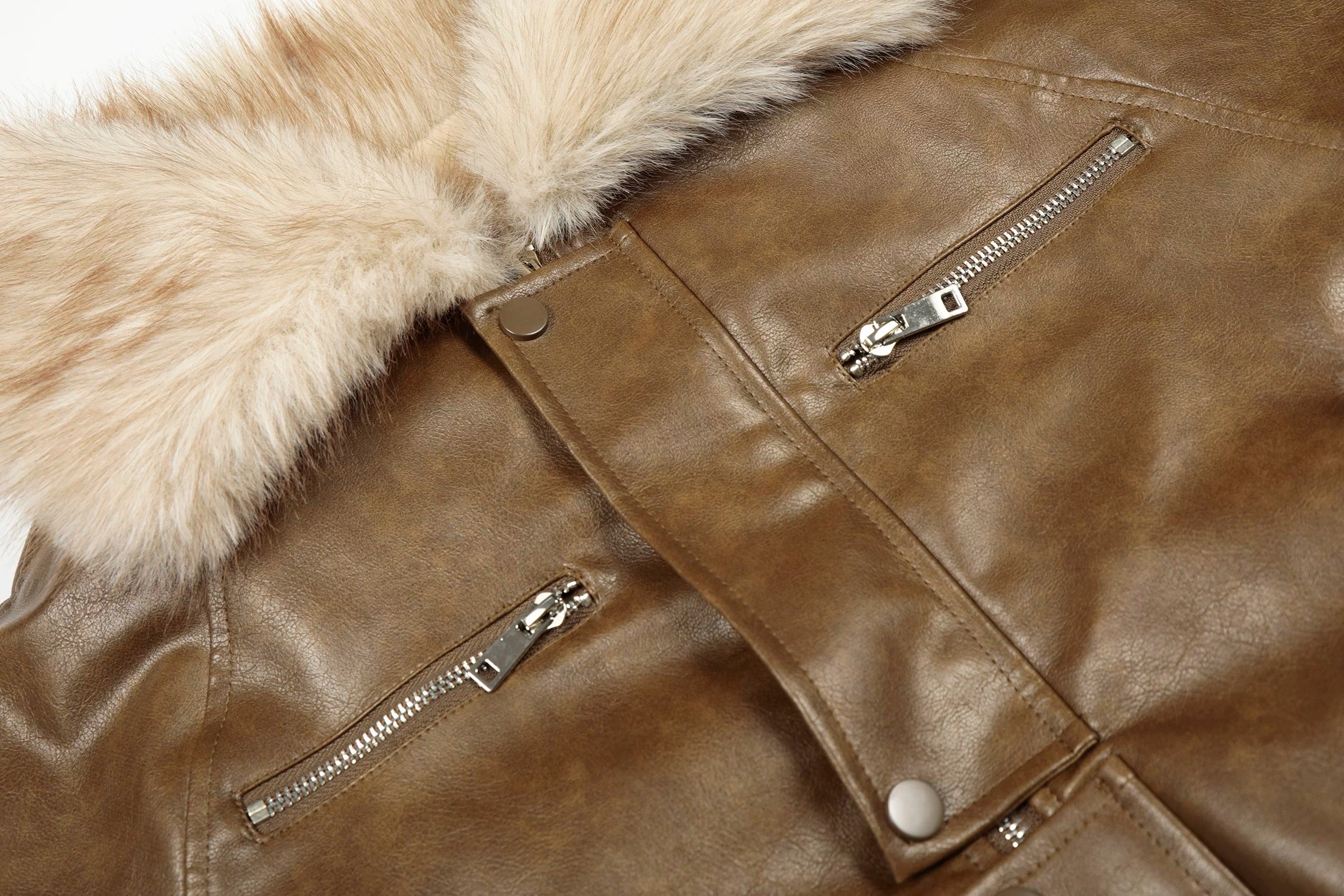 Faux Leather Fur-Trim Short Jacket mry002011