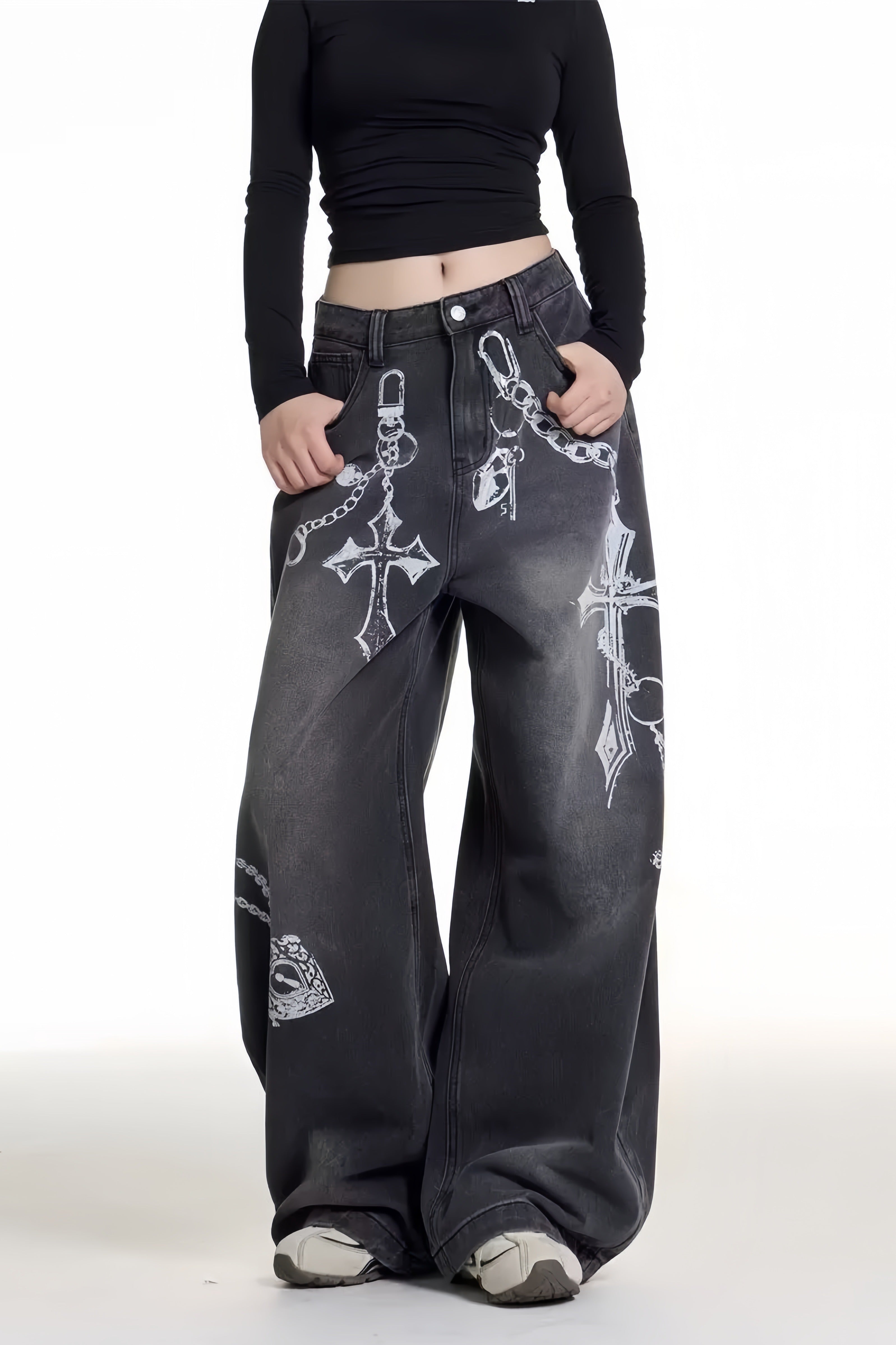 【ボトムス】クロスチェーングラフィックワイドデニムパンツ mry002367