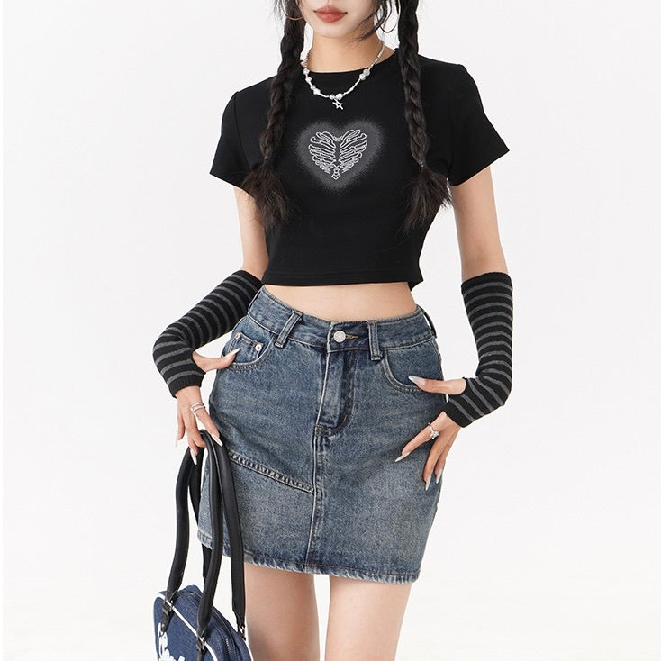 2023SS アームカバー付き クロップド丈 ハート プリント 半袖 Tシャツ 韓国ストリート韓国カジュアル　mry000852