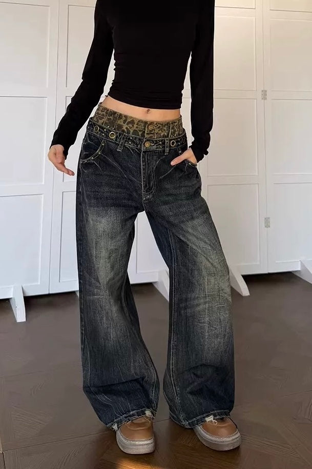 Leopard Panel Wide Denim Pants mry002139