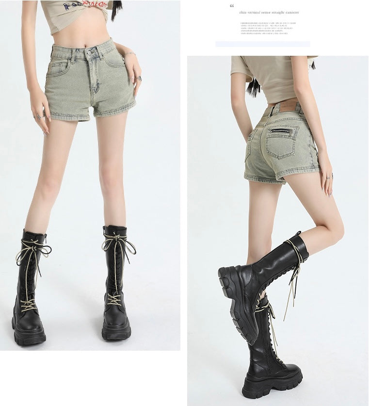 Zippered Back-Pocket Denim Shorts mry001748