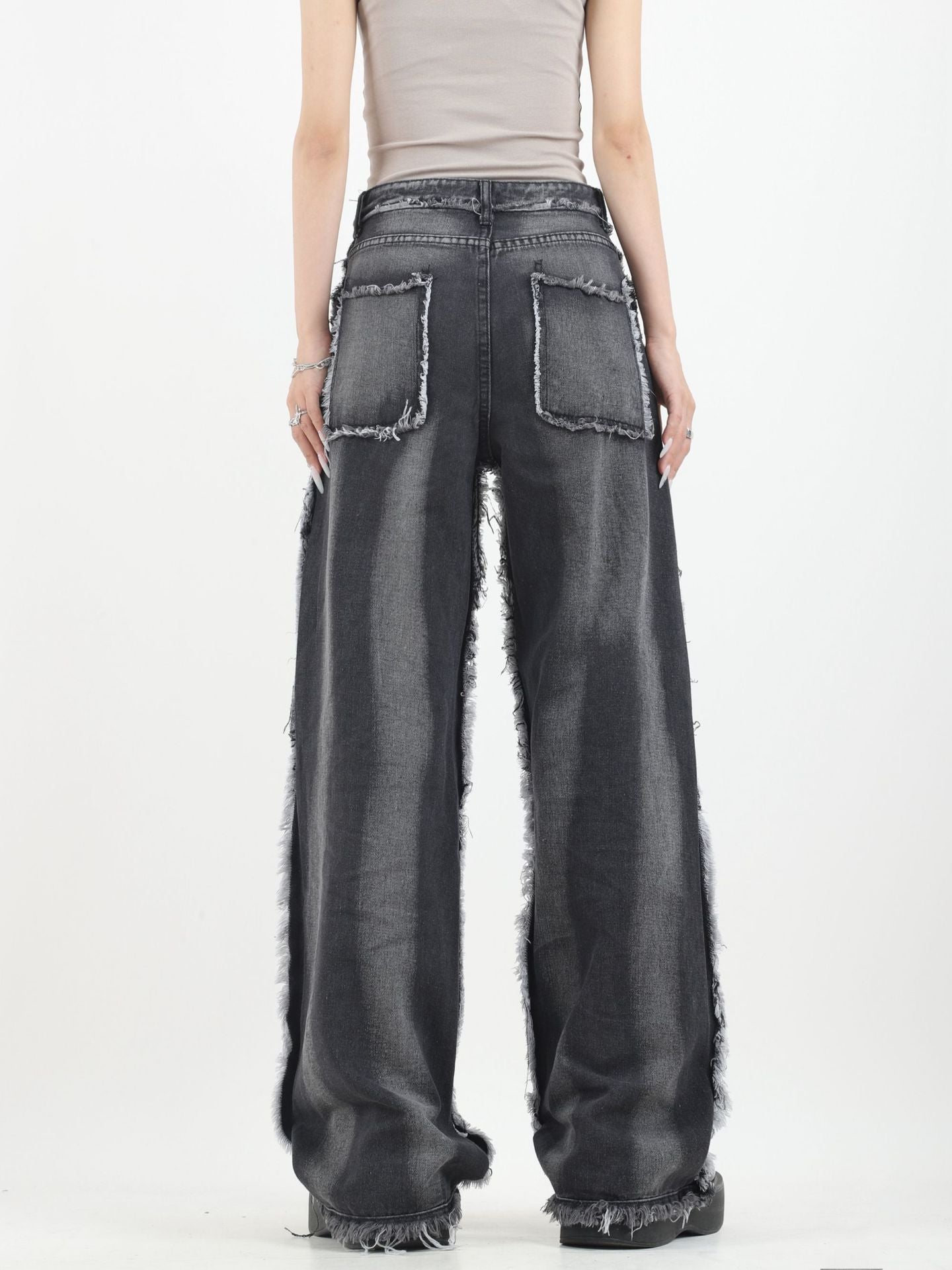 Grunge Patchwork Wide-Leg Denim Pants mry001668