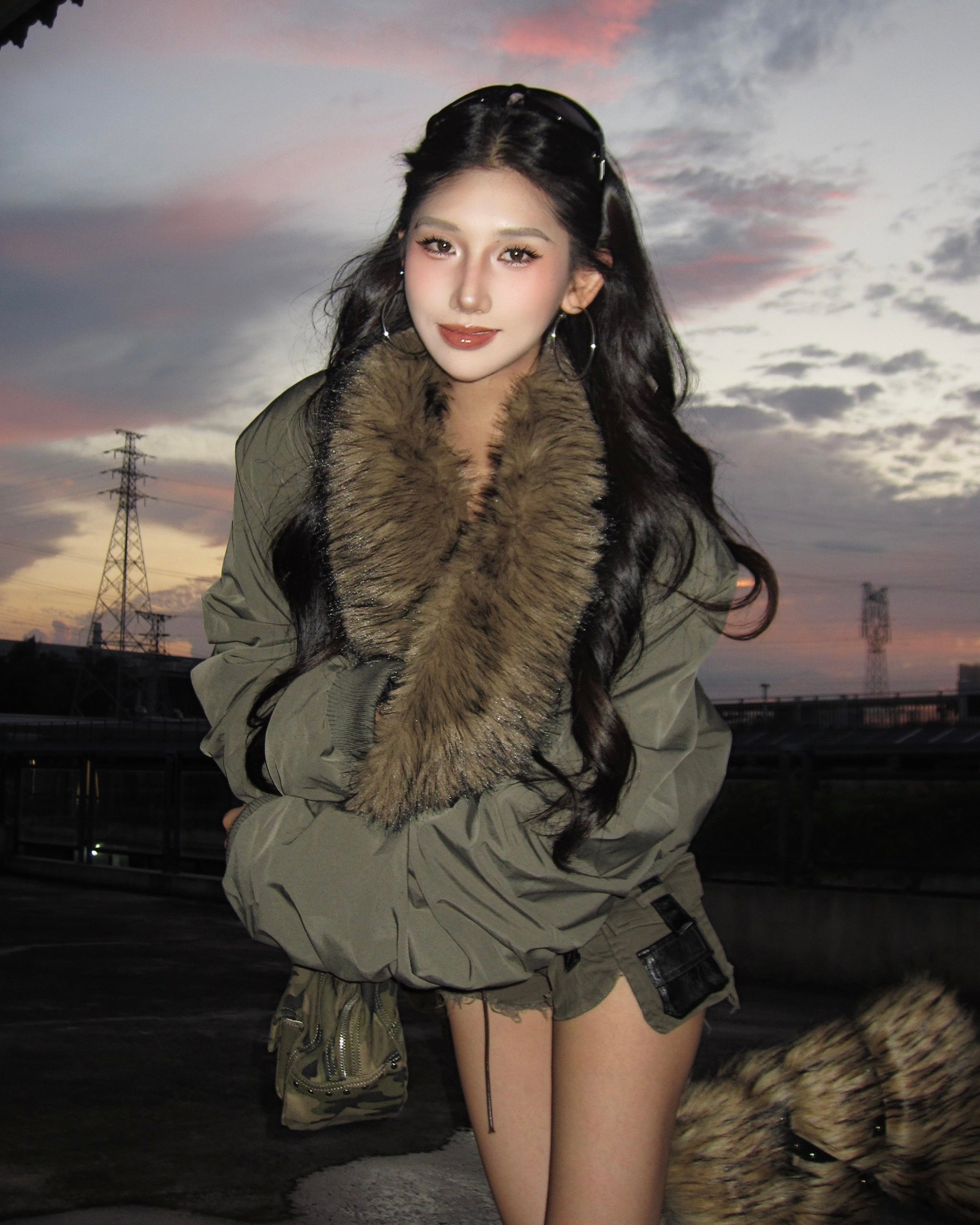Faux Fur Collar Bomber Jacket mry002091