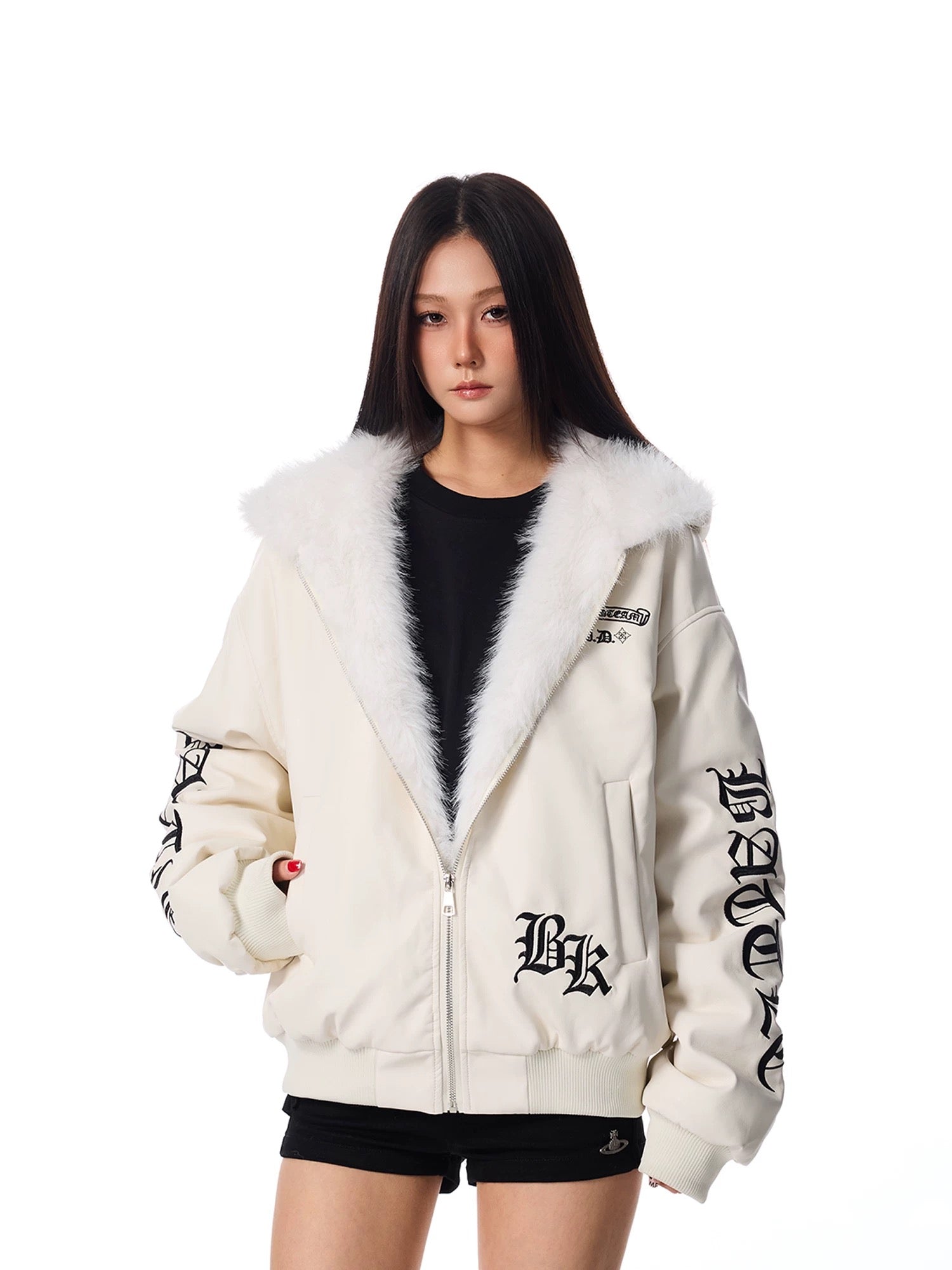 Fur Hood Graphic Leather Jacket mry001992