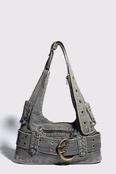 Washed Denim Belt Shoulder Bag mry002256