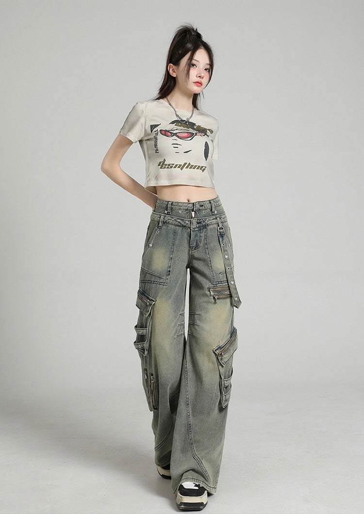 Y2K Multi-Zip Wide Cargo Denim Pants mry001672