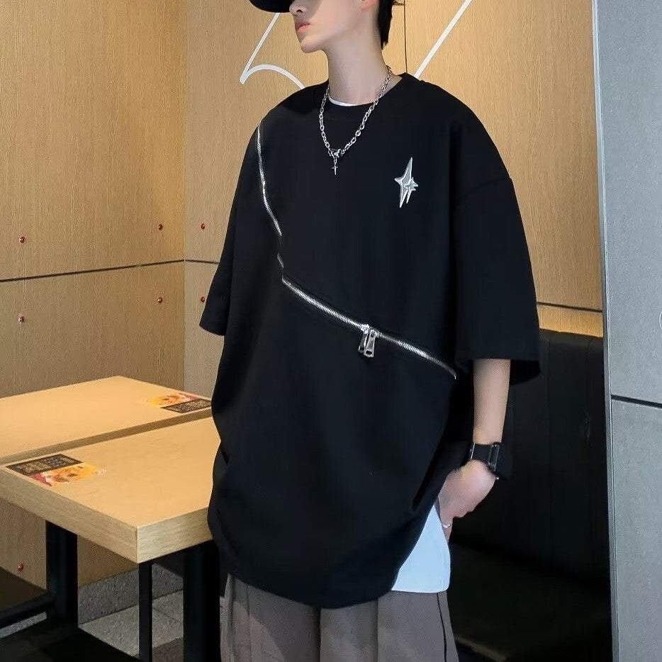 2023SS ジッパー デザイン 半袖 Tシャツ メンズ ブラック 韓国ストリート 韓国モード　mry000901