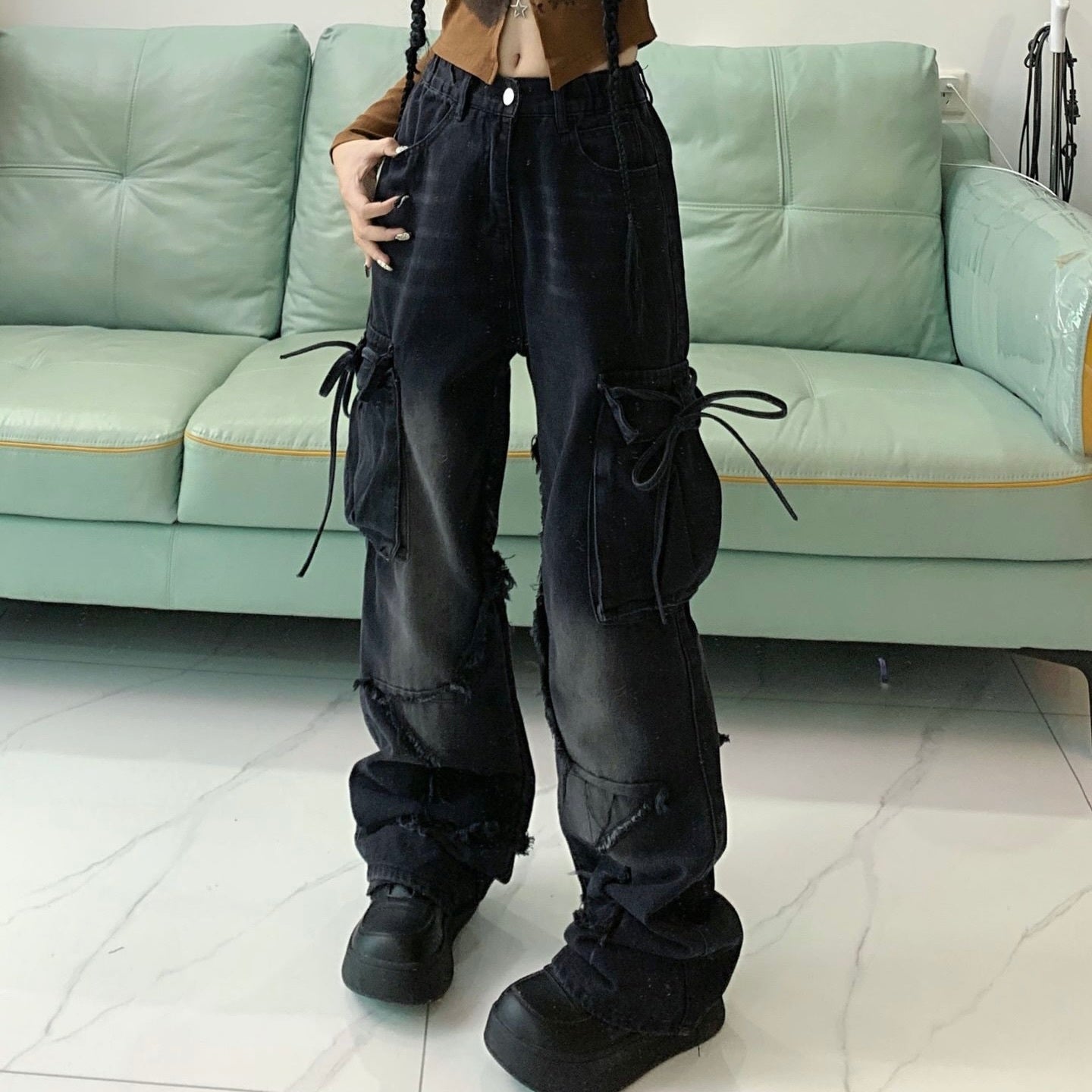 Denim Fabric Wide Cargo Pants  mry001232
