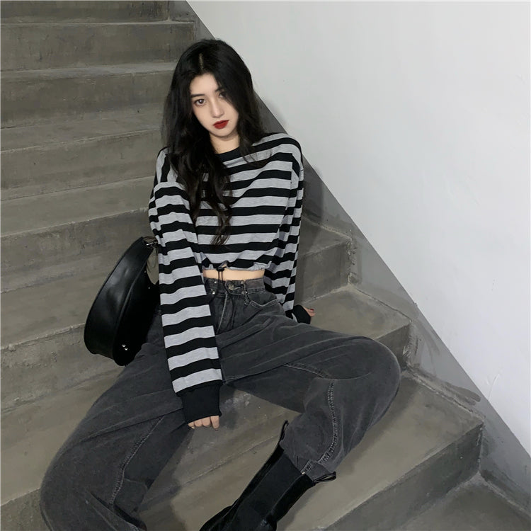 ショート丈　ストライプ　ウエストマークTシャツ　mry000442