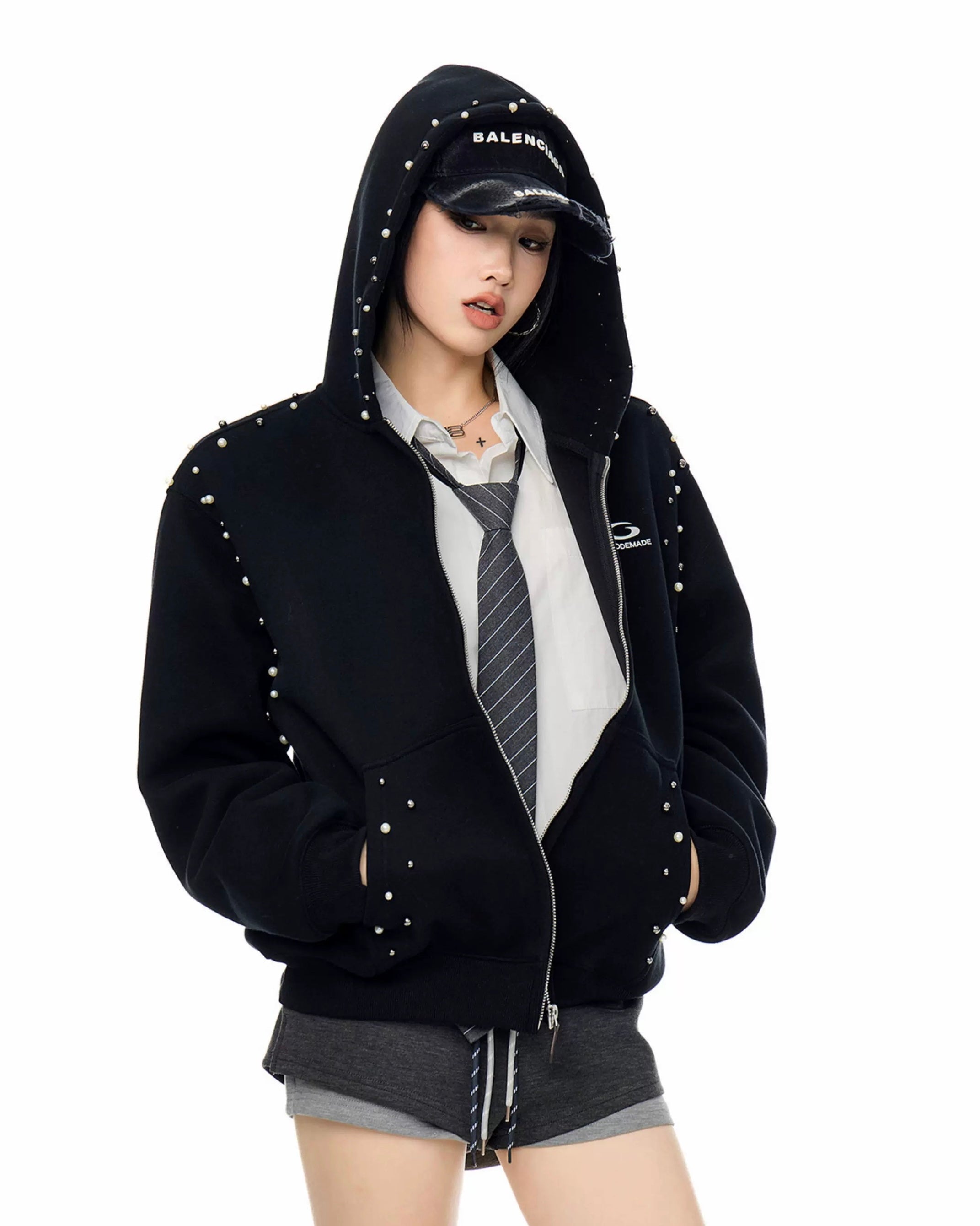 【Tops】Pearl Studded Oversized Zip Hoodie mry001895