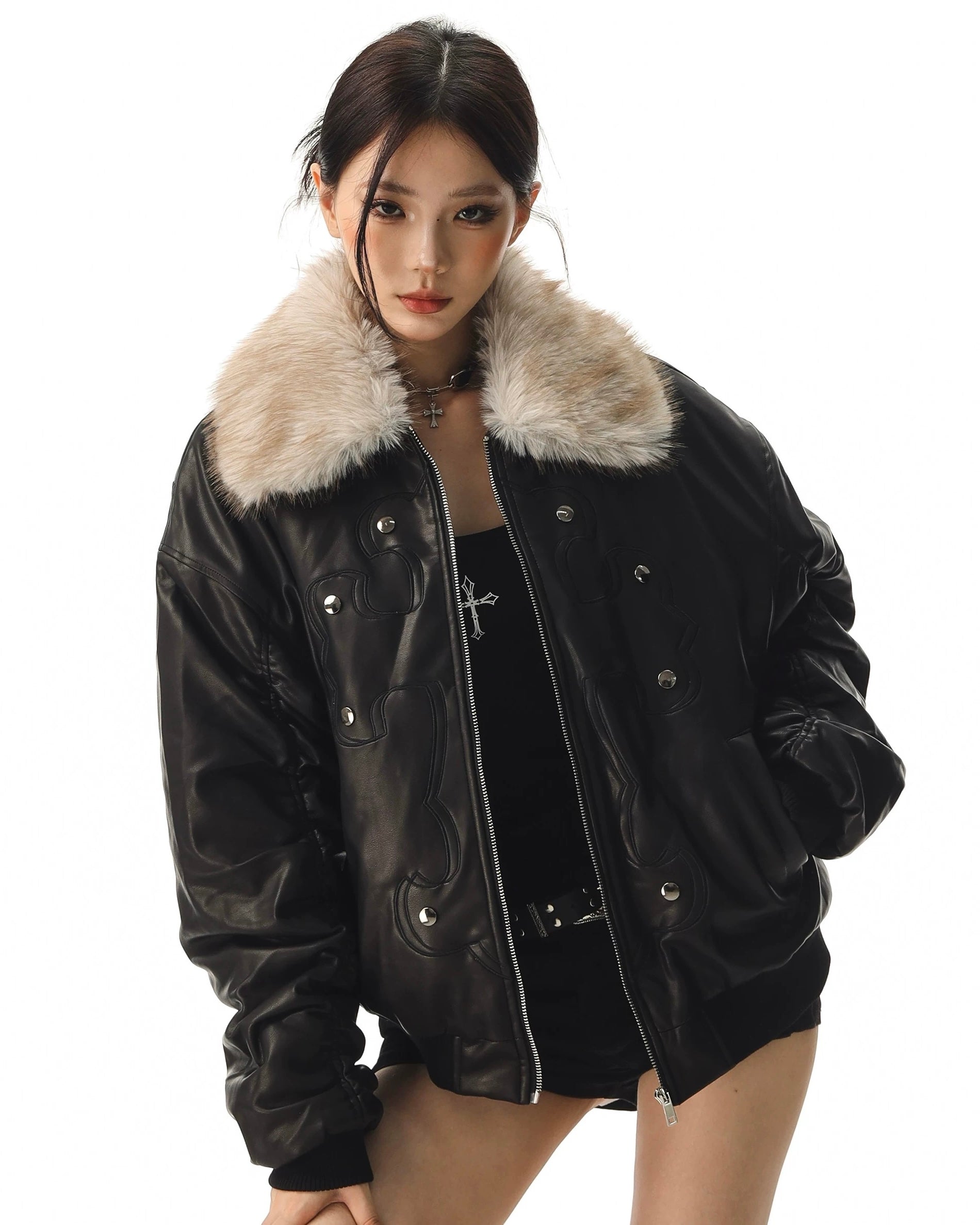 Fur Collar Cross Leather Jacket mry002018