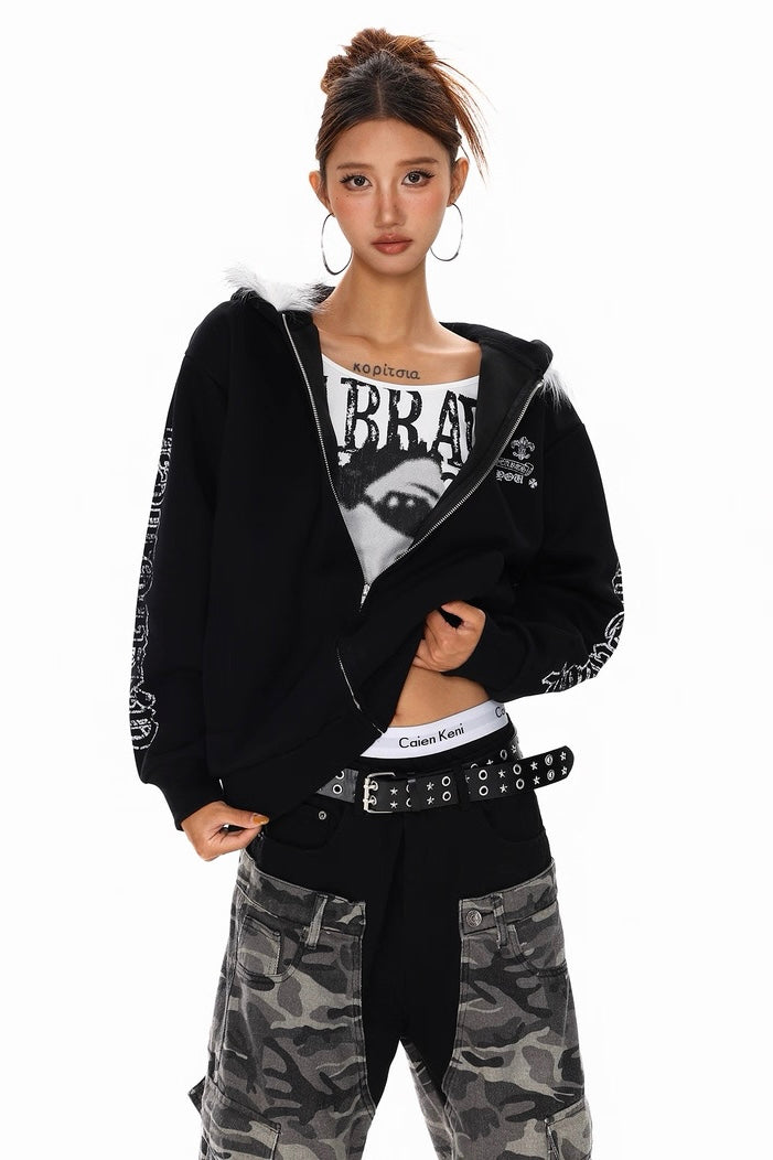 Fur Hood Gothic Zip Hoodie Jacket mry002246
