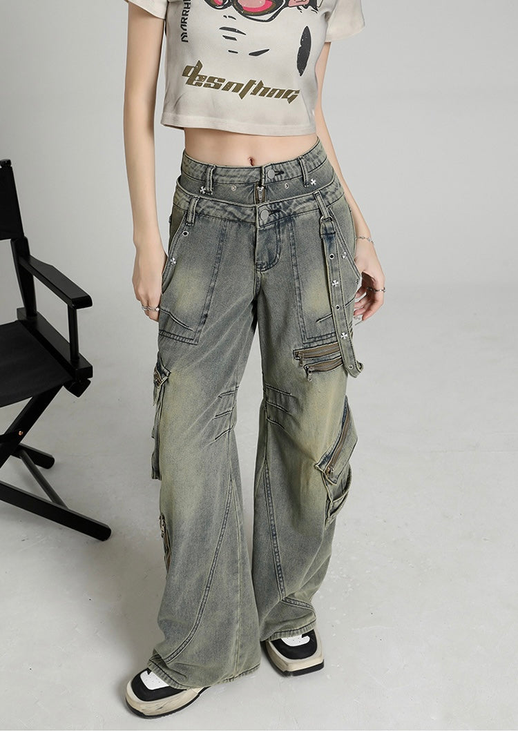 Y2K Multi-Zip Wide Cargo Denim Pants mry001672