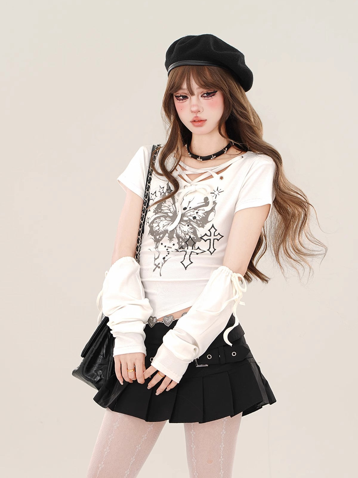 【2color】Butterfly Cross Lace-Up Graphic Tee mry001712