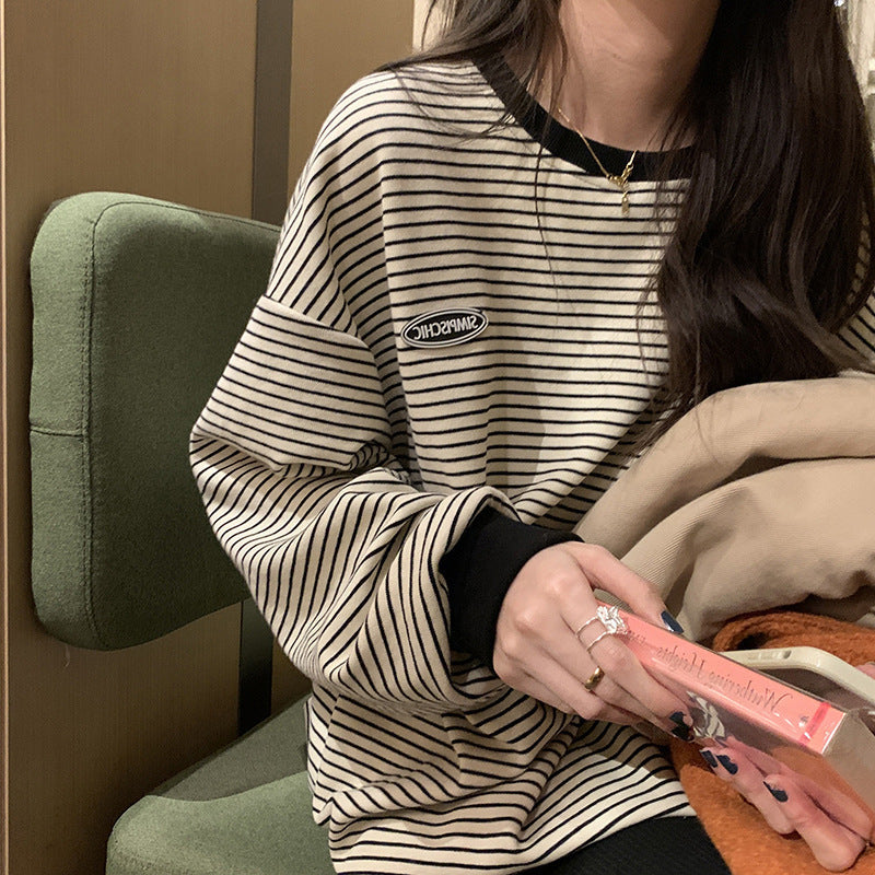 【送料無料】ワンポイント ビッグシルエット ストライプ Tシャツ 韓国カジュアル 韓国ストリートmry000610