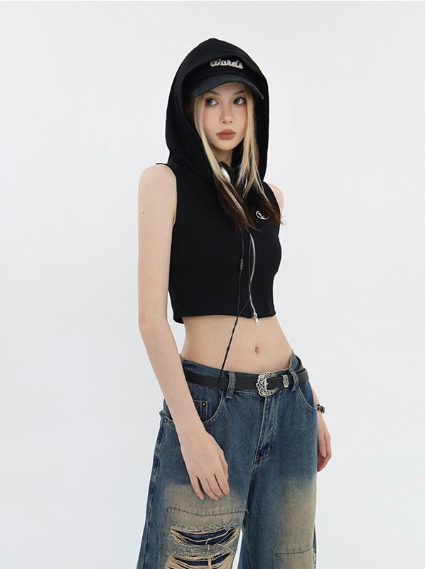 Zip-Up Hooded Crop Tank Top mry001697