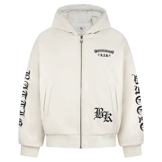 Fur Hood Graphic Leather Jacket mry001992