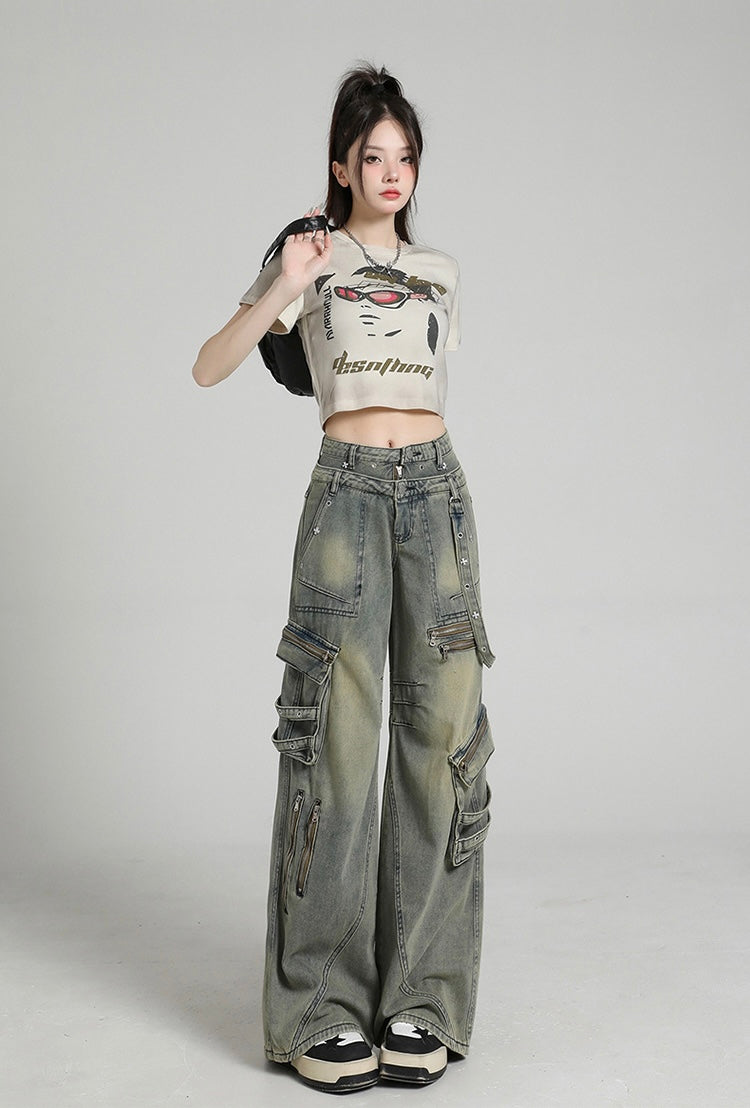 Y2K Multi-Zip Wide Cargo Denim Pants mry001672