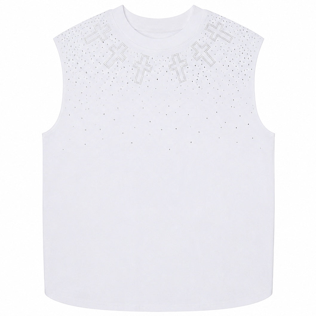【トップス】クロスラインストーンノースリーブTシャツ mry002446