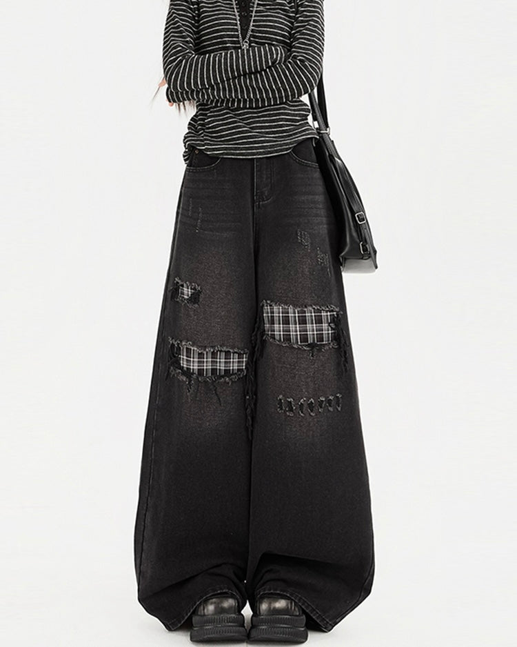 【COVER:FIT】Plaid Patch Ripped Wide-Leg Jeans mry001872