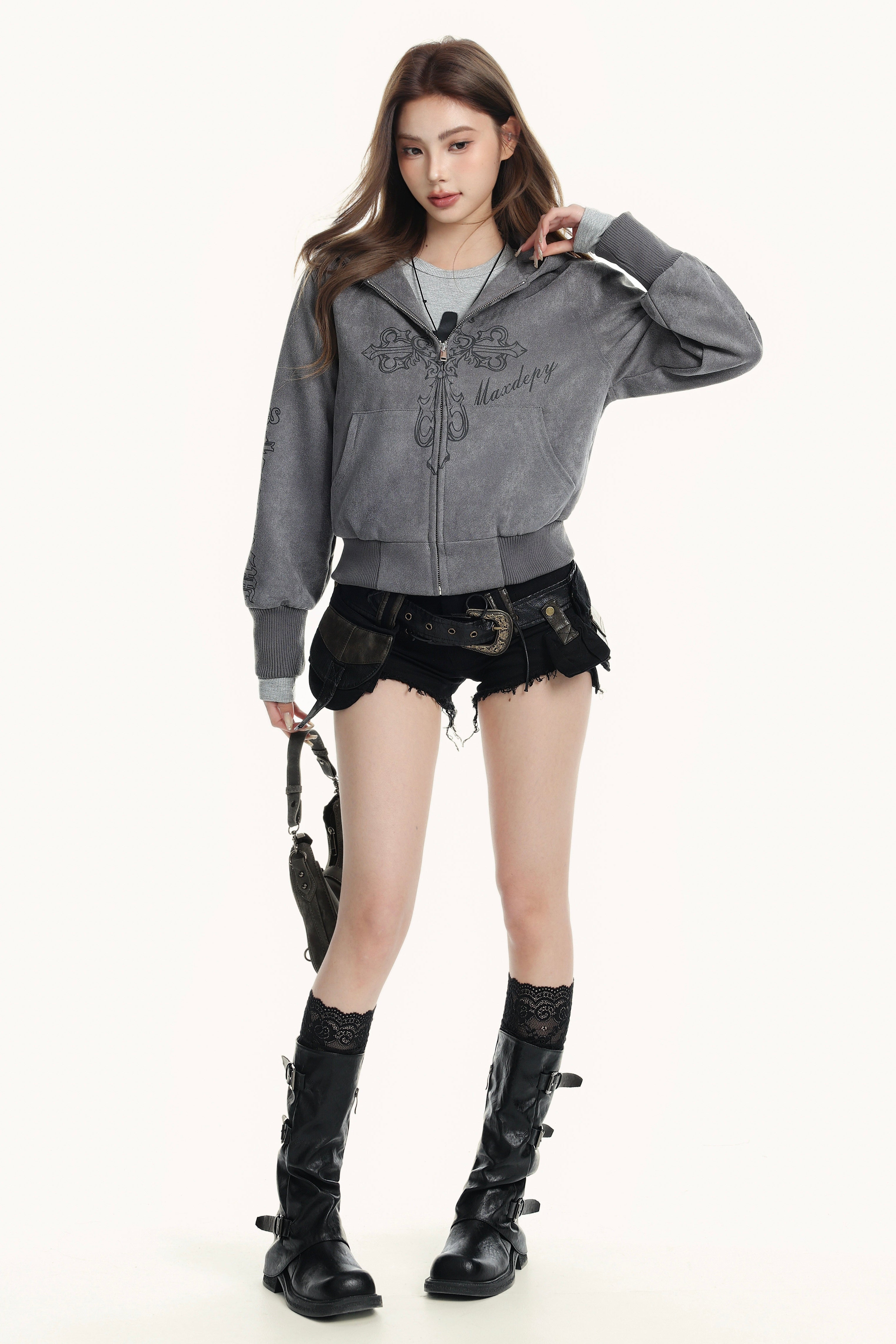 Washed Graphic Zip-Up Hoodie mry002153