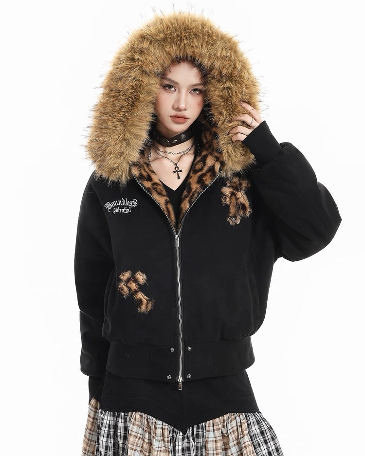 Leopard Lined Fur Hood Jacket mry002068
