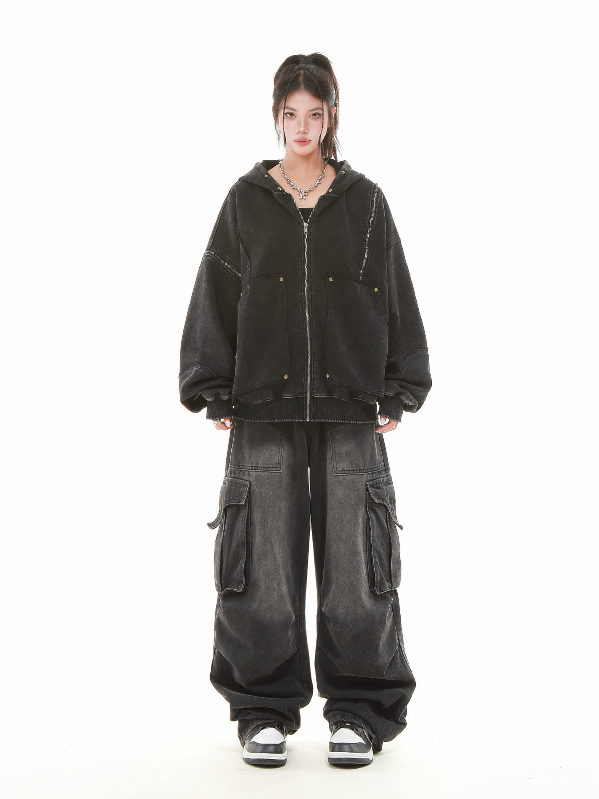 【評価★4.8以上】Vintage Washed Studded Overfit Hoodie Jacket mry001943