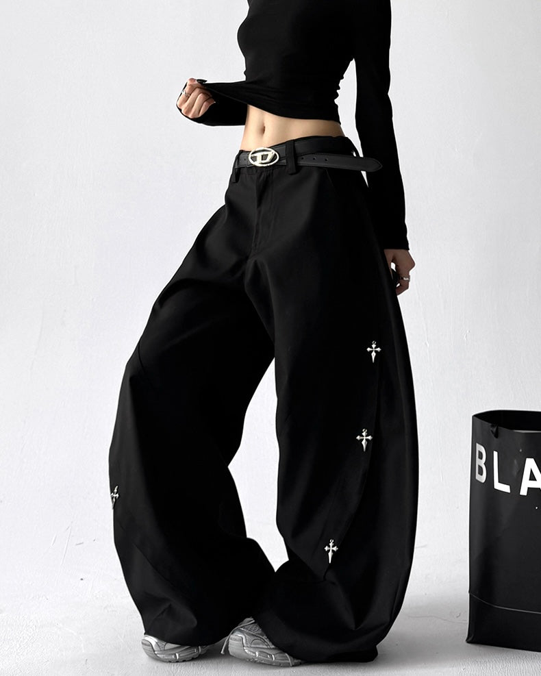 【COVER:FIT】 Cross Embroidery Wide-Leg Black Pants mry001871