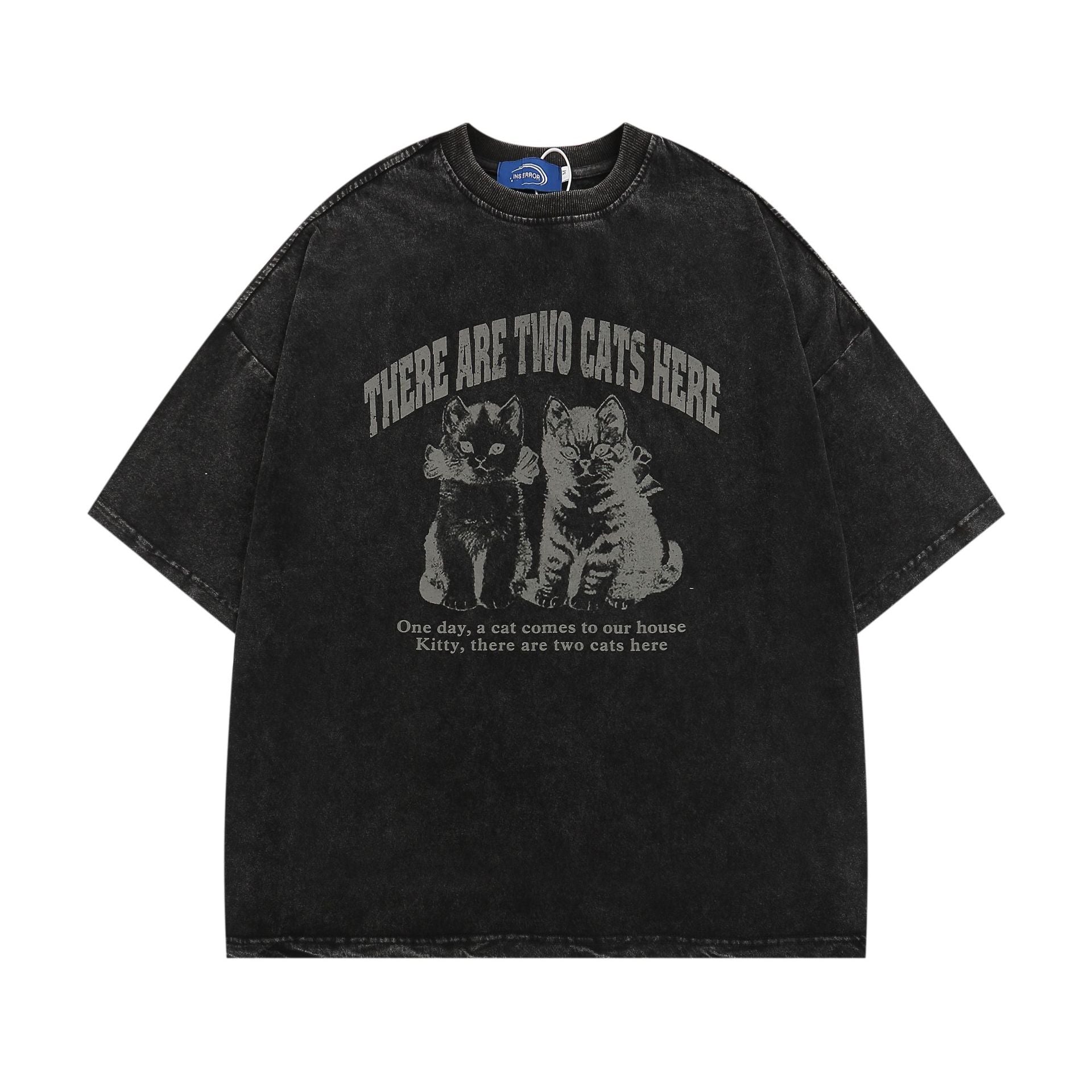 Grunge Cat Print Washed T-Shirt mry001715