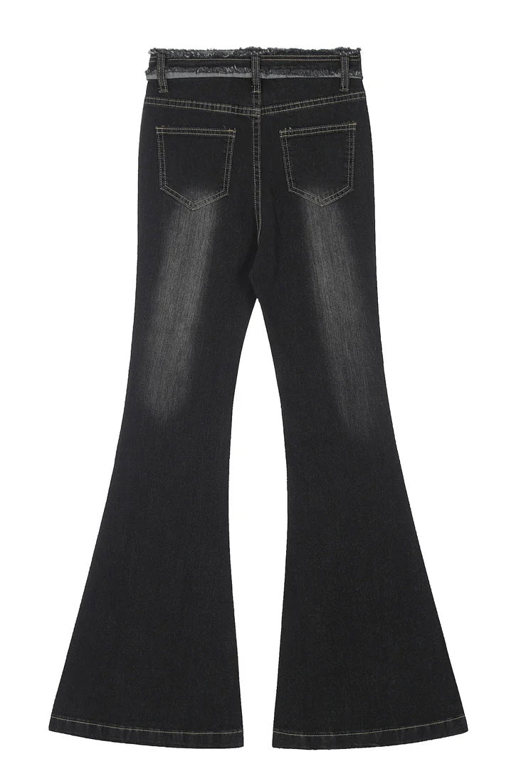 Ribbon Strap Panel Flare Denim Pants mry001667