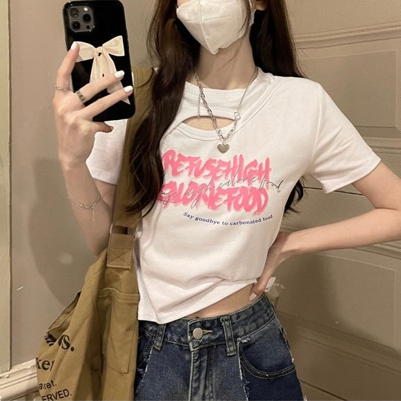 ホローフロント　穴あき　ショートTシャツ　mry000133