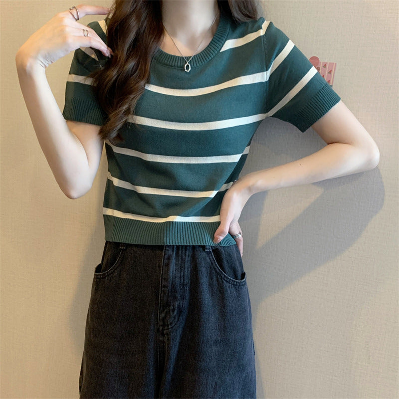 【送料無料】4カラー展開 2023SS ストライプ 半袖ニット Tシャツ 韓国カジュアル  mry000706