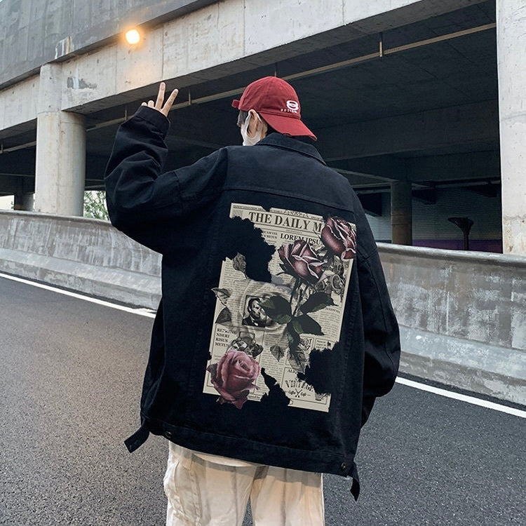 2カラー展開 アメリカン 韓国ストリート 韓国カジュアル レトロ バックプリント デニムジャケット mry001278