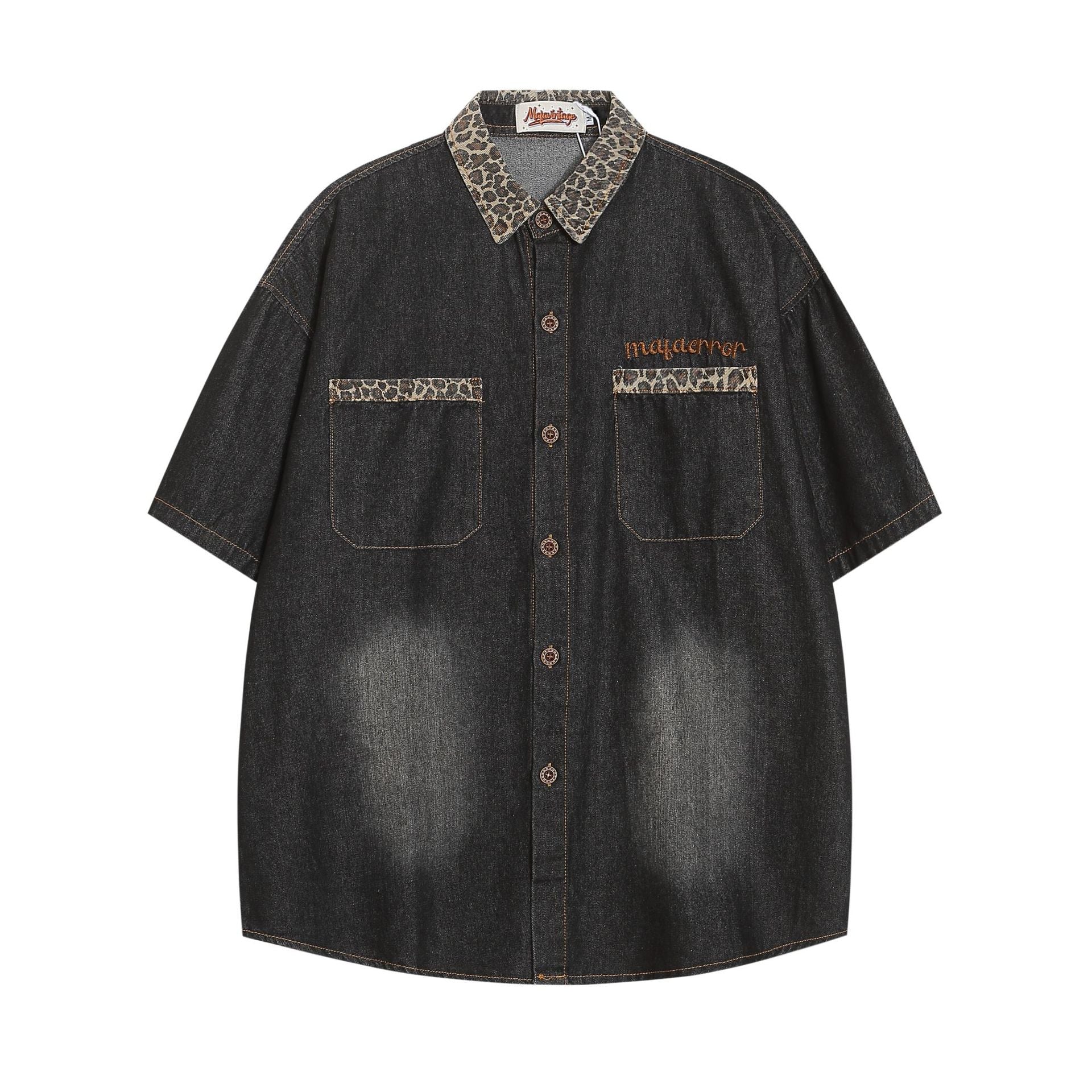 Leopard Trim Oversized Denim Shirt mry001738