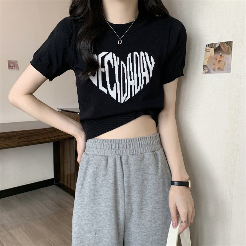 ハート フォント ゆったりショートトップ 半袖Tシャツ sle000055