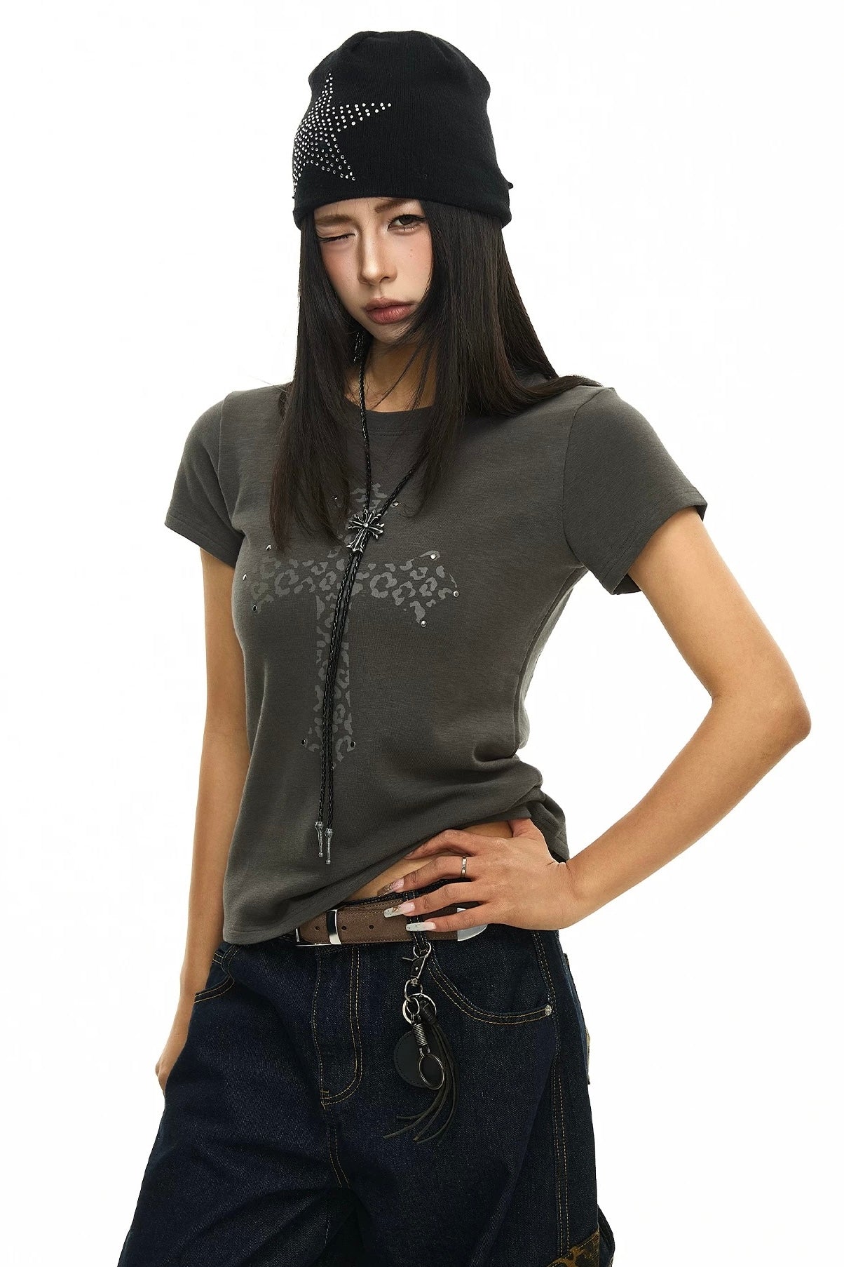 【トップス】レオパードクロスグラフィックTシャツ mry002366