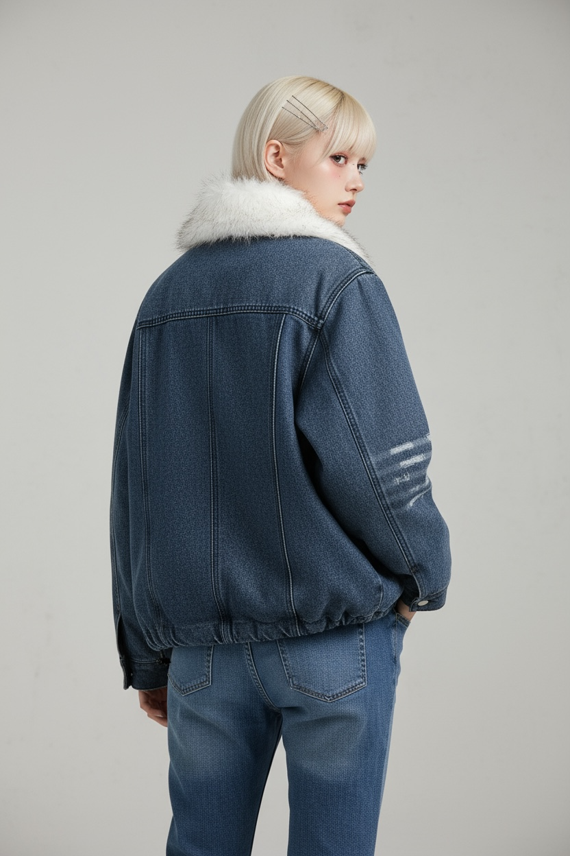 【2color】Faux Fur Collar Denim Jacket mry001824