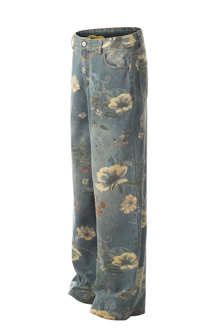 Vintage Floral Wide-Leg Denim Pants mry001734