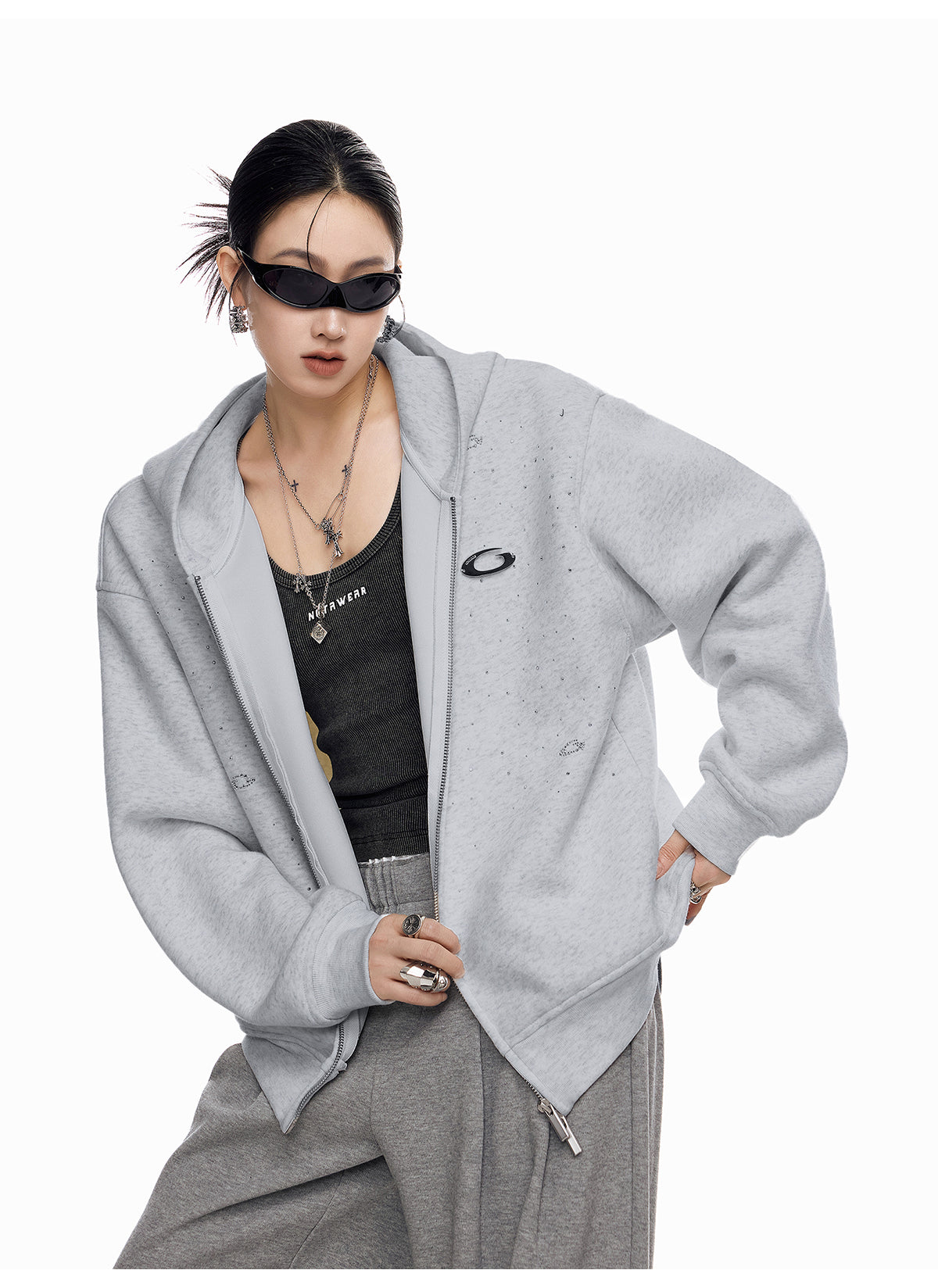 【評価★4.8以上／高品質】Rhinestone Embellished Oversized Zip Hoodie mry001898